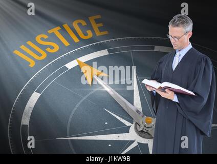Digital composite of Judge holding book in front of justice text and compass Stock Photo