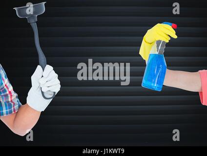 Digital composite of Hands with tools for the bathroom in front of blind Stock Photo
