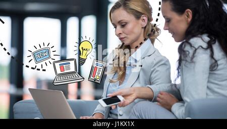 Digital composite of Digital composite image of businesswomen with technologies and graphics Stock Photo