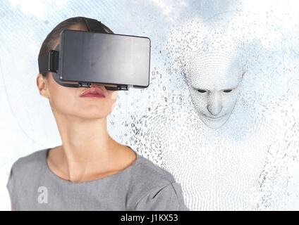 Digital composite of Woman in VR against 3D male shaped binary code against sky and clouds Stock Photo