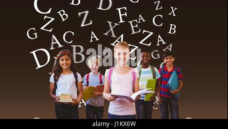 Digital composite of Digital composite image of school children with books against flying letters Stock Photo