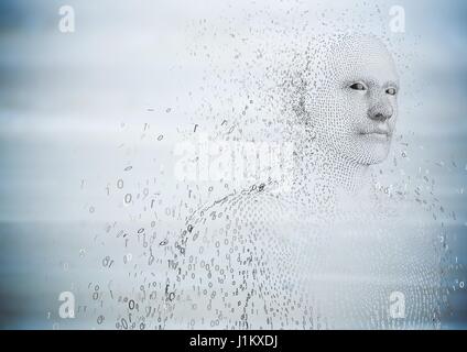 Digital composite of 3D male shaped binary code against blurry grey wood panel Stock Photo