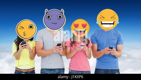 Digital composite of Digitally generated image of friends faces covered with emoji using smart phones against sky Stock Photo