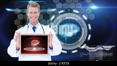 Digital composite of Digitally generated image of male doctor showing digital tablet against tech graphics Stock Photo