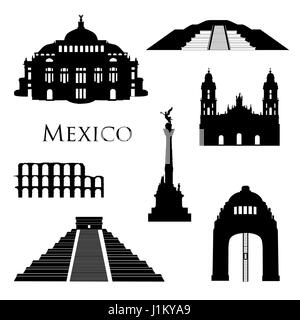 Mexico city landmarks icon set. Famous  buildings silhouettes. Travel Brazil signs Stock Vector