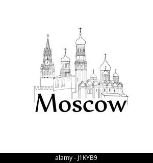 Moscow Kremlin tower and cathedrals. Travel Russia sign. Russian landmarks Stock Vector