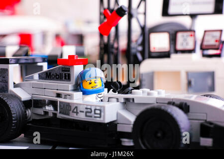 Tambov, Russian Federation - June 24, 2015: Lego driver sitting in McLaren Mercedes MP4-29 race car in McLaren Mercedes Pit Stop by Lego Speed Champio Stock Photo