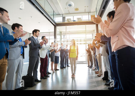 smile employer applauding to happy confident leader Stock Photo