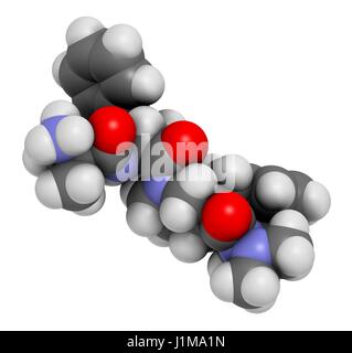 Anamorelin cancer cachexia and anorexia drug molecule. 3D rendering. Atoms are represented as spheres with conventional colour coding: hydrogen (white), carbon (grey), nitrogen (blue), oxygen (red). Stock Photo