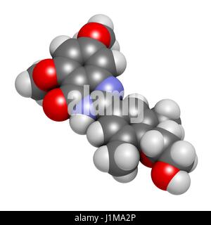 Apabetalone atherosclerosis drug molecule (BET inhibitor). 3D rendering. Atoms are represented as spheres with conventional colour coding: hydrogen (white), carbon (grey), nitrogen (blue), oxygen (red). Stock Photo