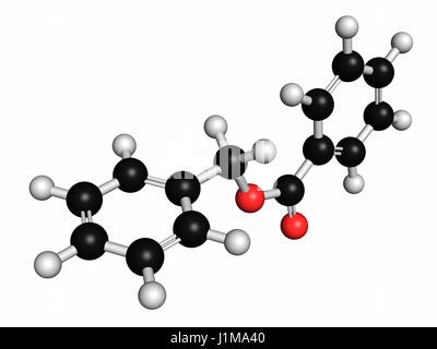 Benzyl benzoate drug molecule. Used as acaricide, scabicide, etc.  Atoms are represented as spheres with conventional colour coding: hydrogen (white), carbon (grey), oxygen (red). Stock Photo