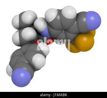 Enobosarm drug molecule. Selective androgen receptor modulator (SARM) that is also used in sports doping. 3D rendering. Atoms are represented as spheres with conventional colour coding: hydrogen (white), carbon (grey), nitrogen (blue), oxygen (red), fluor Stock Photo