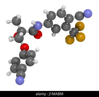 Enobosarm drug molecule. Selective androgen receptor modulator (SARM) that is also used in sports doping. 3D rendering. Atoms are represented as spheres with conventional colour coding: hydrogen (white), carbon (grey), nitrogen (blue), oxygen (red), fluor Stock Photo