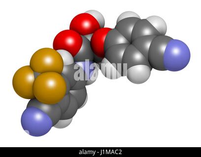 Enobosarm drug molecule. Selective androgen receptor modulator (SARM) that is also used in sports doping. 3D rendering. Atoms are represented as spheres with conventional colour coding: hydrogen (white), carbon (grey), nitrogen (blue), oxygen (red), fluor Stock Photo