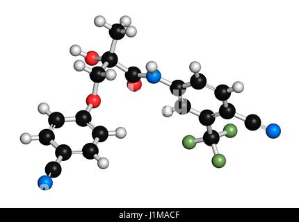 Enobosarm drug molecule. Selective androgen receptor modulator (SARM) that is also used in sports doping. 3D rendering. Atoms are represented as spheres with conventional colour coding: hydrogen (white), carbon (black), nitrogen (blue), oxygen (red), fluo Stock Photo