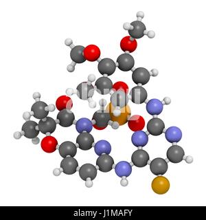 Fostamatinib rheumatoid arthritis drug molecule (Syk inhibitor). 3D rendering. Atoms are represented as spheres with conventional colour coding: hydrogen (white), carbon (grey), nitrogen (blue), oxygen (red), fluorine (gold), phosphorus (orange). Stock Photo