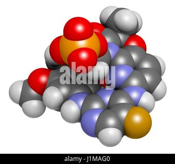 Fostamatinib rheumatoid arthritis drug molecule (Syk inhibitor). 3D rendering. Atoms are represented as spheres with conventional colour coding: hydrogen (white), carbon (grey), nitrogen (blue), oxygen (red), fluorine (gold), phosphorus (orange). Stock Photo