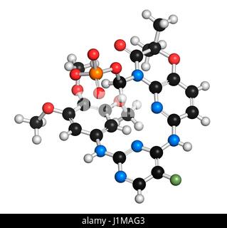 Fostamatinib rheumatoid arthritis drug molecule (Syk inhibitor). 3D rendering. Atoms are represented as spheres with conventional colour coding: hydrogen (white), carbon (black), nitrogen (blue), oxygen (red), fluorine (light green), phosphorus (orange). Stock Photo