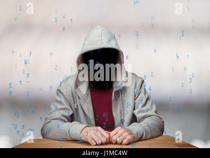 Digital composite of Red t shirt hacker with out face in the desk white background whit blue code Stock Photo