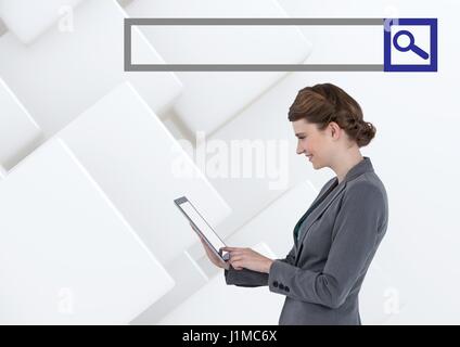 Digital composite of Search Bar with woman on tablet Stock Photo