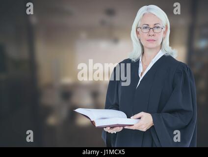 Digital composite of Judge holding book in front of office Stock Photo