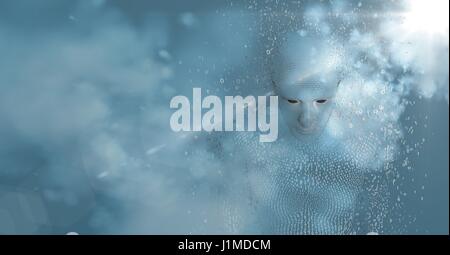 Digital composite of 3D male shaped binary code AI with clouds and blue background with flare Stock Photo