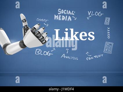 Digital composite of Android hand thumbs up and Likes text with drawings graphics Stock Photo