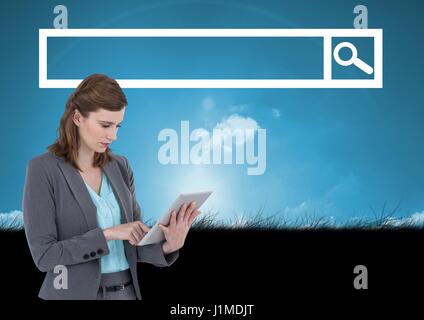 Digital composite of Woman on tablet with Search Bar with sky and grass background Stock Photo