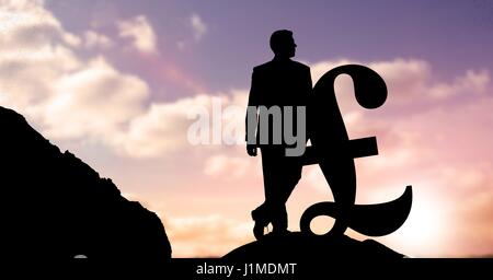 Digital composite of Silhouette businessman leaning on pound symbol against sky during sunset Stock Photo