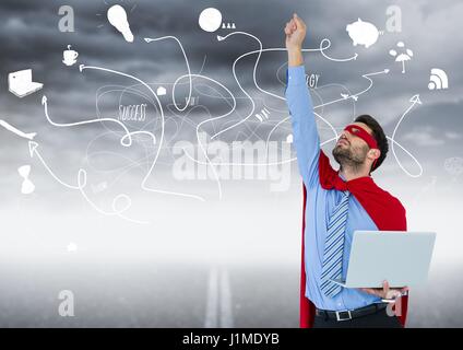 Digital composite of Business man superhero with laptop and hand in air against road and stormy sky with business doodles Stock Photo