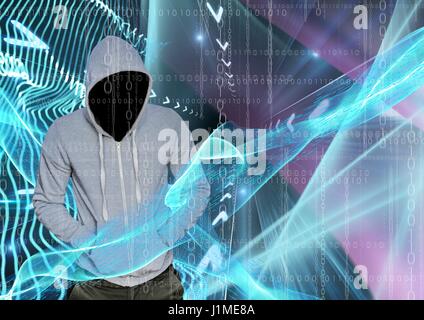 Digital composite of Grey jumper hacker with out face with his hands on his pockets, blue and pink lights and binary code Stock Photo