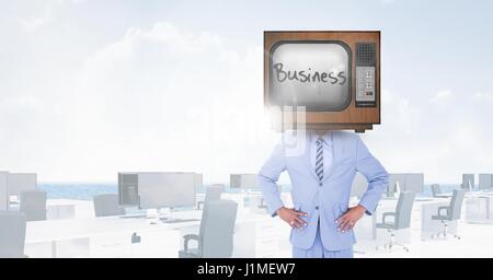 Digital composite of TV on businessman's head with business written on screen Stock Photo