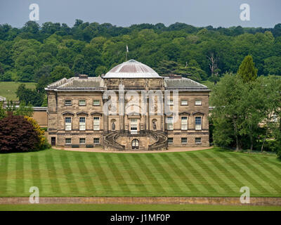 Aerial view of south front Kedleston Hall with neatly mown lawns in pleasure grounds, Derbyshire, England, UK. Stock Photo