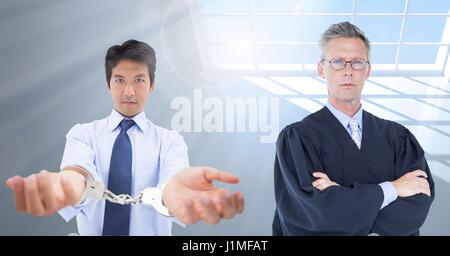 Digital composite of Judge and criminal in front of window Stock Photo