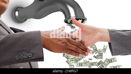Digital composite of Close-up of business people shaking hands with money flowing from tap Stock Photo