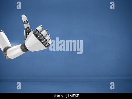 Digital composite of Android Robot hand thumbs up with blue background Stock Photo