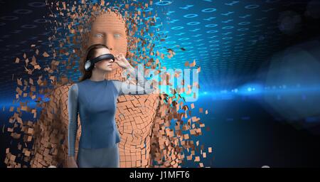 Digital composite of Woman wearing VR headphones against 3d scattered human figure Stock Photo
