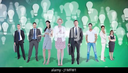 Digital composite of Digital composite image of image of business people with light bulbs flying in background Stock Photo