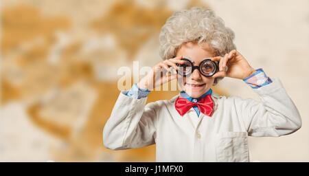Digital composite of Kid scientist against blurry brown map Stock Photo