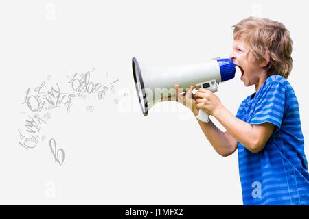 Digital composite of Little boy screaming in megaphone Stock Photo