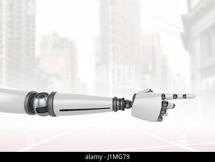 Digital composite of Android Robot hand pointing with bright city background Stock Photo