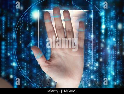 Digital composite of hand scan with circle on the fingers. Raining of binary code Stock Photo