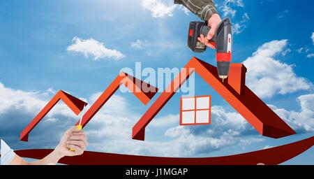 Digital composite of Hands using tools on house frame against sky Stock Photo