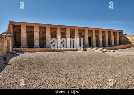 Second courtyard with stone carved reliefs on square columns of Temple of Seti I , Abydos, Egypt, Africa Stock Photo