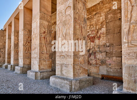 Second courtyard with stone carved reliefs on square columns of Temple of Seti I , Abydos, Egypt, Africa Stock Photo