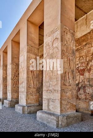 Second courtyard with stone carved reliefs on square columns of Temple of Seti I , Abydos, Egypt, Africa Stock Photo