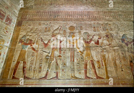 colorful stone carved reliefs in south wing inside Temple of Seti I , Abydos, Egypt, Africa Stock Photo
