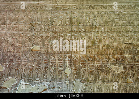 hieroglyphics on wall at path inside Temple of Seti I , Abydos, Egypt, Africa Stock Photo