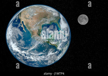 Earth and moon over a starry black space background. Elements of this image (earth and moon photographs) furnished by NASA Stock Photo
