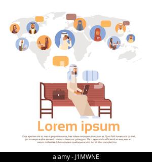 Man Using Laptop Computer Muslim People Chat Media Communication Social Network Arabic Men and Women Over World Map Stock Vector